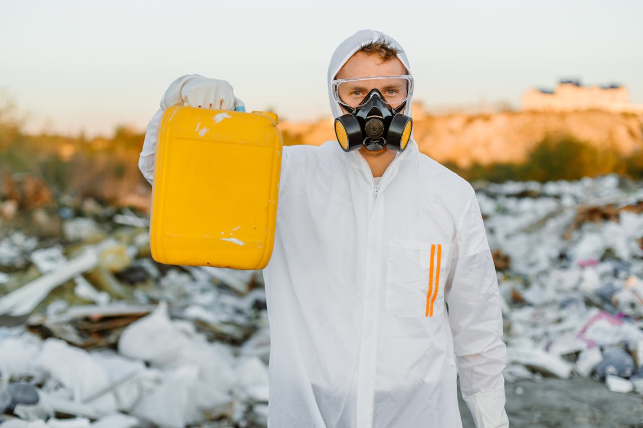 Worker in a protective suit holds a yellow container, monitoring pollution at a waste site.