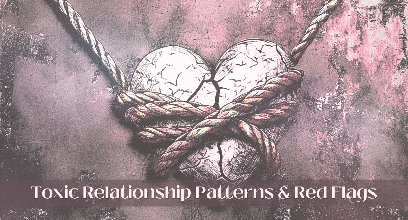 A cracked heart tied tightly with rope, hanging in a dark moody setting, symbolizing emotional damage and control as an example of toxic relationship Patterns & Red Flags